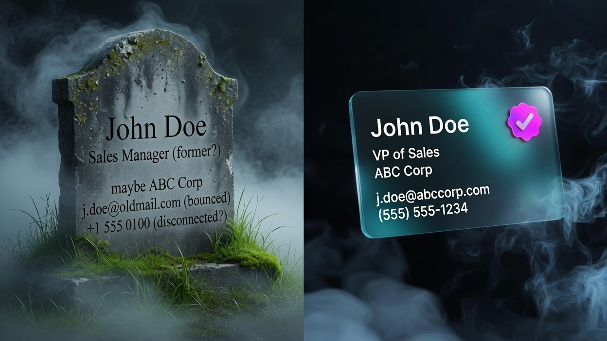 A stale, grayed-out contact card next to the same card refreshed and verified