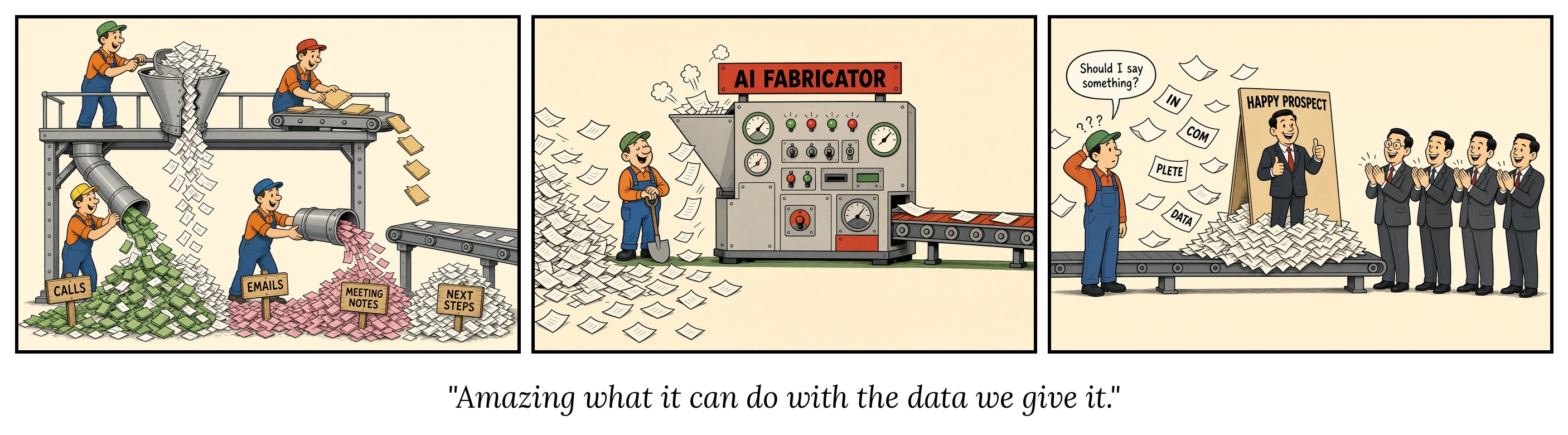 A three panel cartoon. Workers shovel paperwork into broken chutes and it all spills into piles labeled calls, emails, meeting notes and next steps. A blizzard of paper blows past the AI Fabricator's hopper. The machine delivers a cardboard cutout of a smiling businessman labeled Happy Prospect, propped on loose paper, while executives applaud and a worker asks whether he should say something.