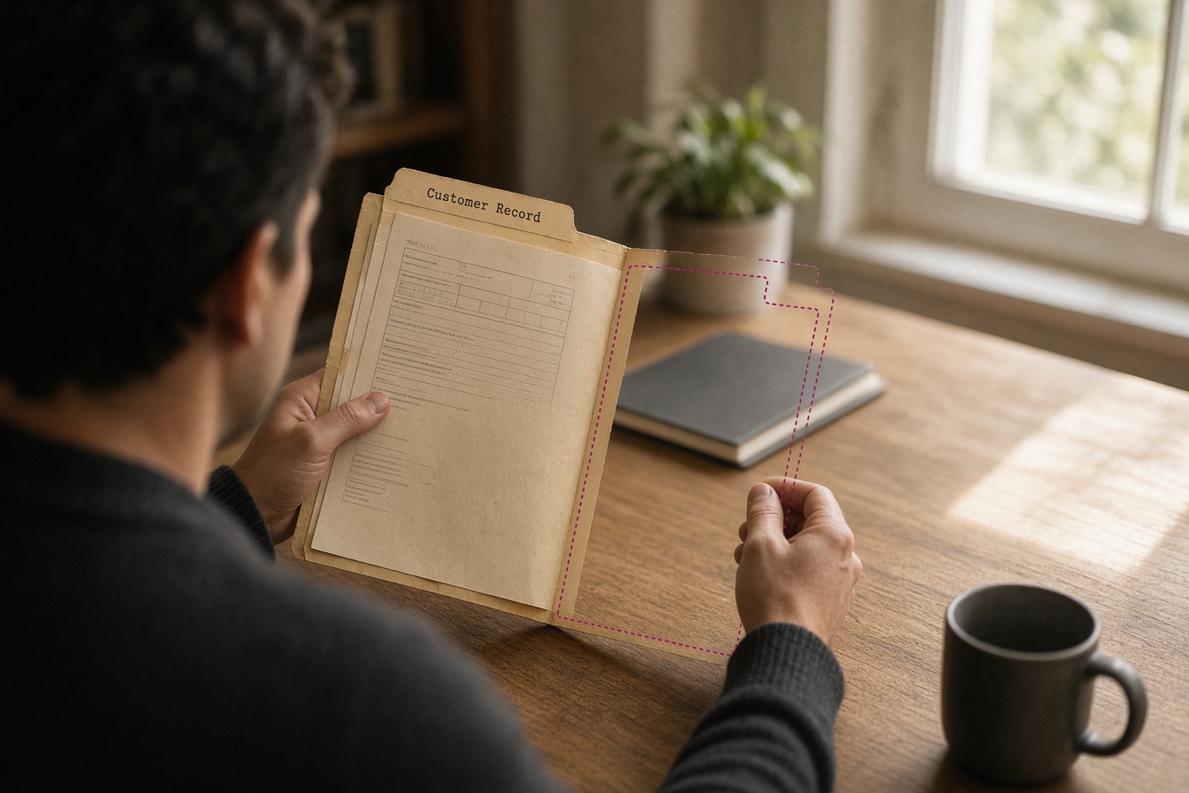 Seen over a man's shoulder at a desk. He holds an open folder labeled Customer Record. The left half is a real manila folder with a filled-in form. The right half is only a magenta dotted outline, and his right hand grips its empty edge.