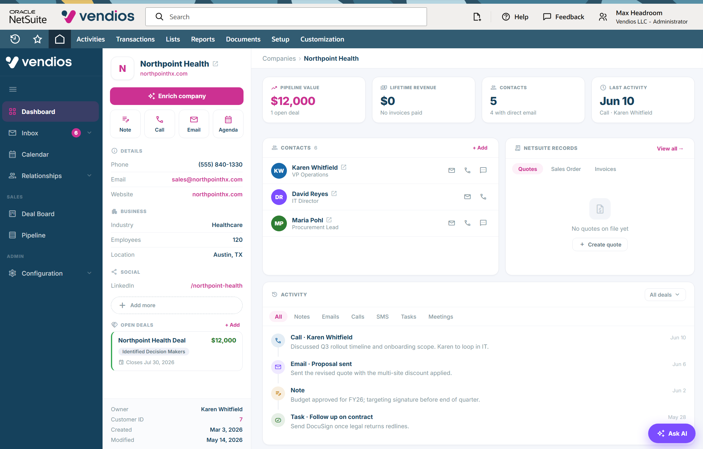 A company record showing pipeline value alongside native NetSuite quotes, sales orders and invoices