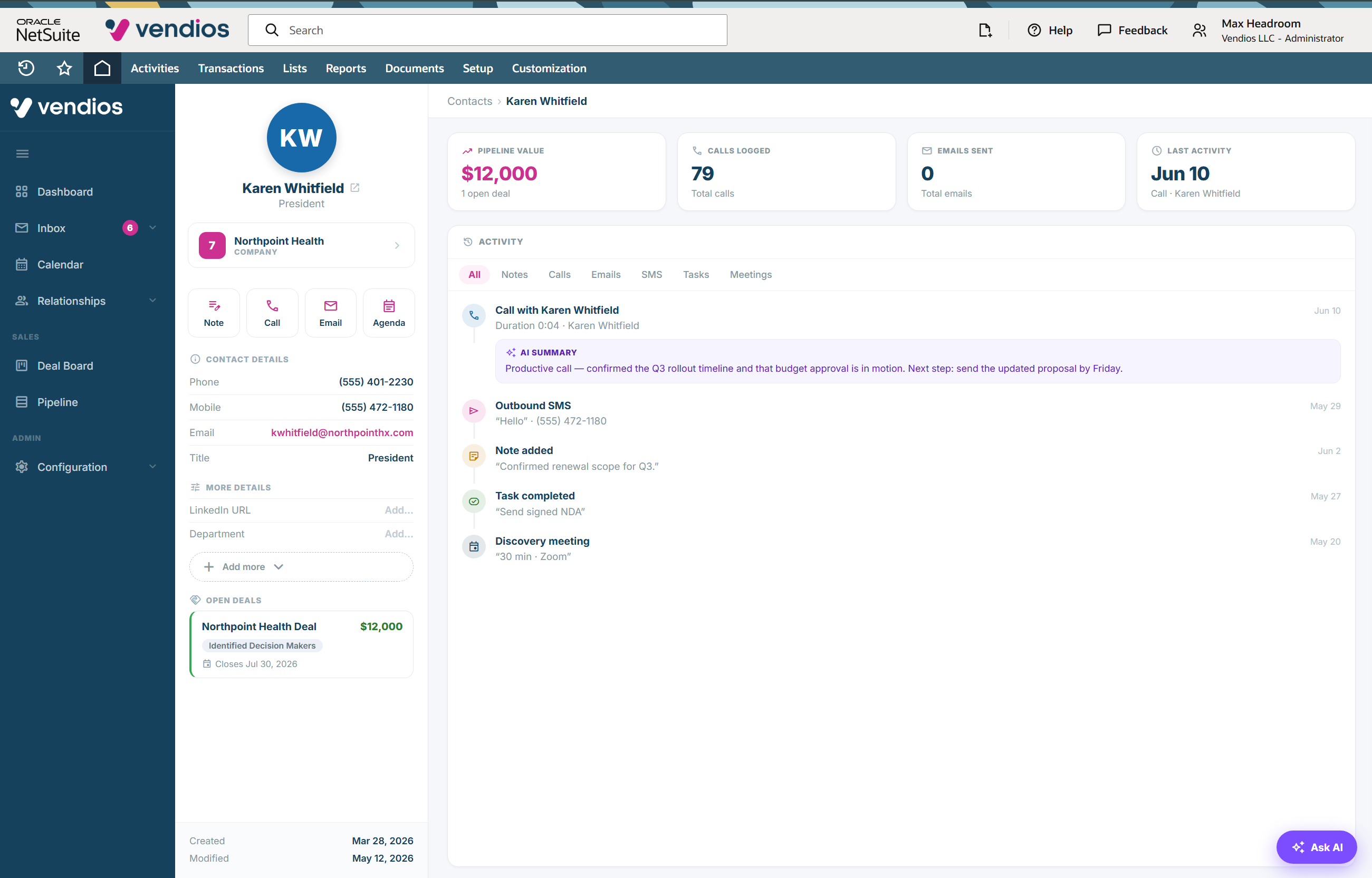 A contact record with a full activity timeline of calls, texts, notes and meetings