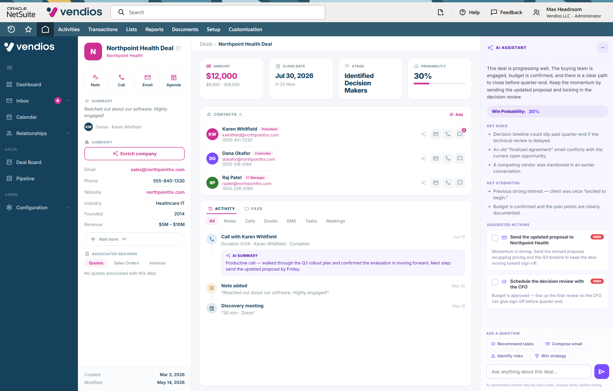 A single deal record with the AI assistant panel showing win probability, key risks and suggested actions