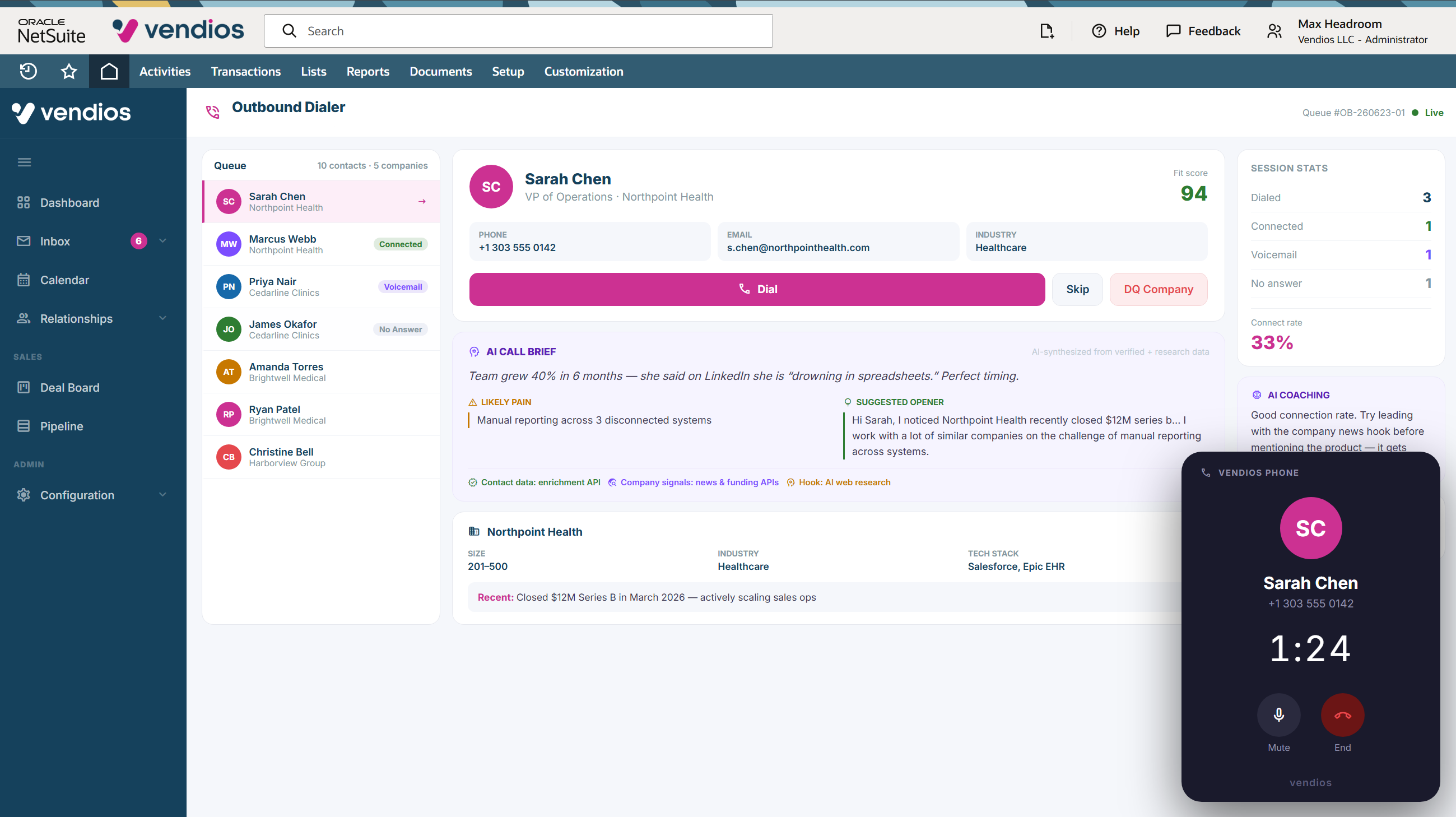 The outbound dialer with a call queue, AI call brief and live session stats